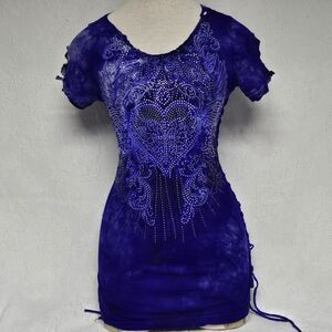Affliction Upcycled Blue Tie Dye Rhinestone Shirt Dress Small Vintage Y2K Sexy